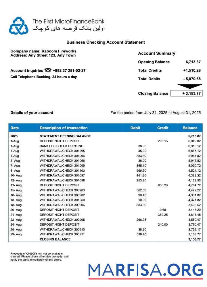 Downloadable Tajikistani The First MicroFinance (FMFB) firm account statement Word and PDF template